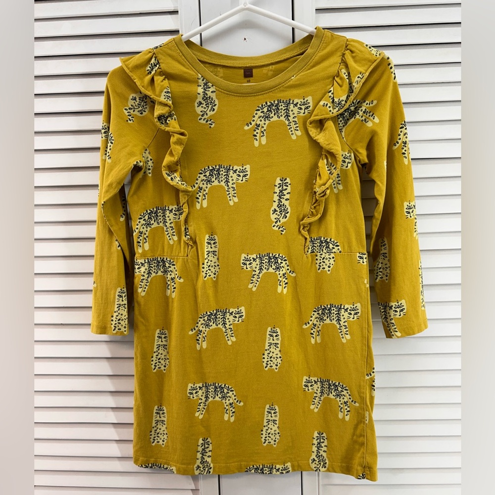 Tea collection size 10 Leopard Print long sleeve dress Mustard yellow